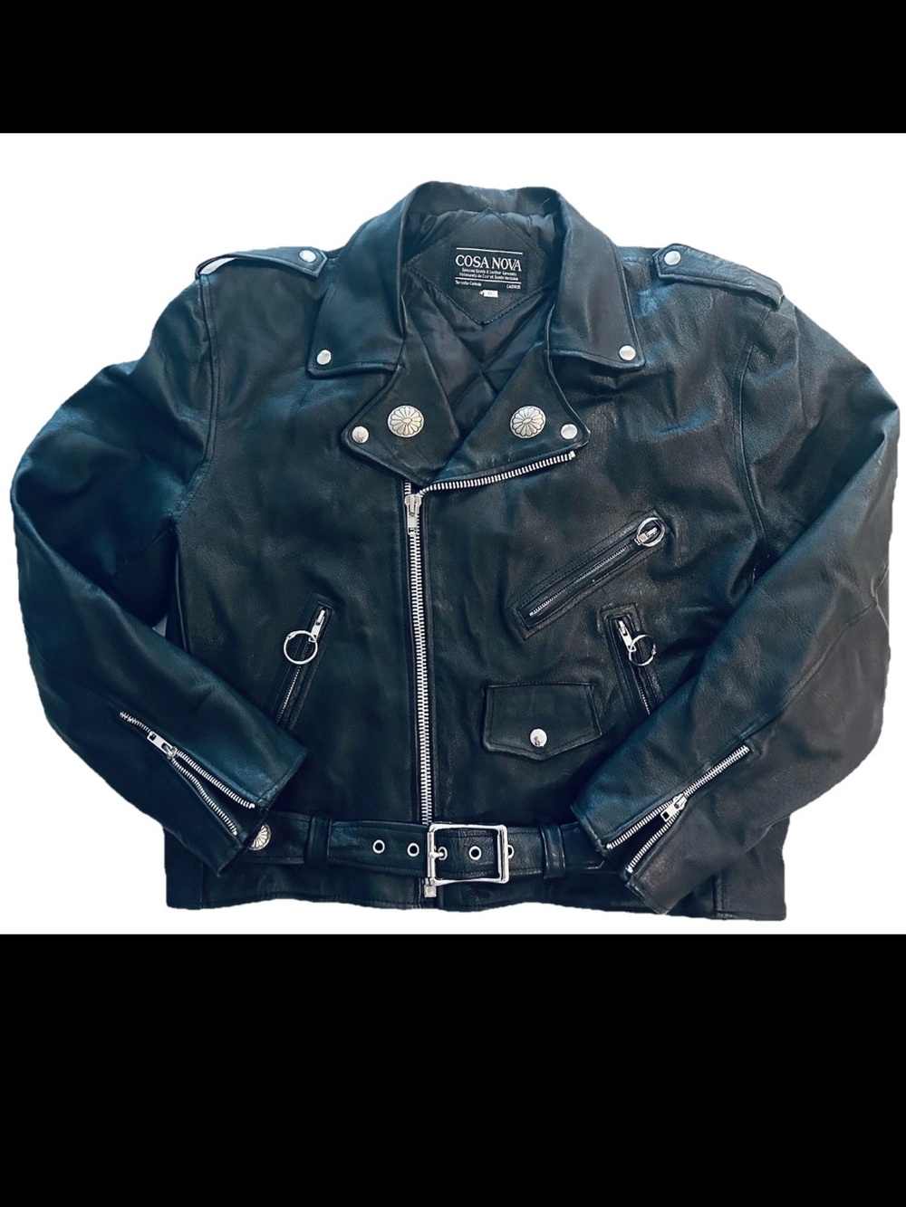 VTG Cosa Nova Black Leather Biker Punk Jacket Metal Accents Womens XL O Ring Zip